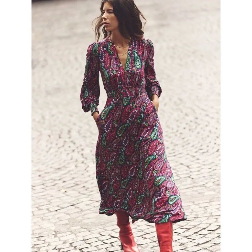 Boden Womens Midi Dress UK 12R US 8R Red Paisley Ivy Smocked V Neck D1034 NWT